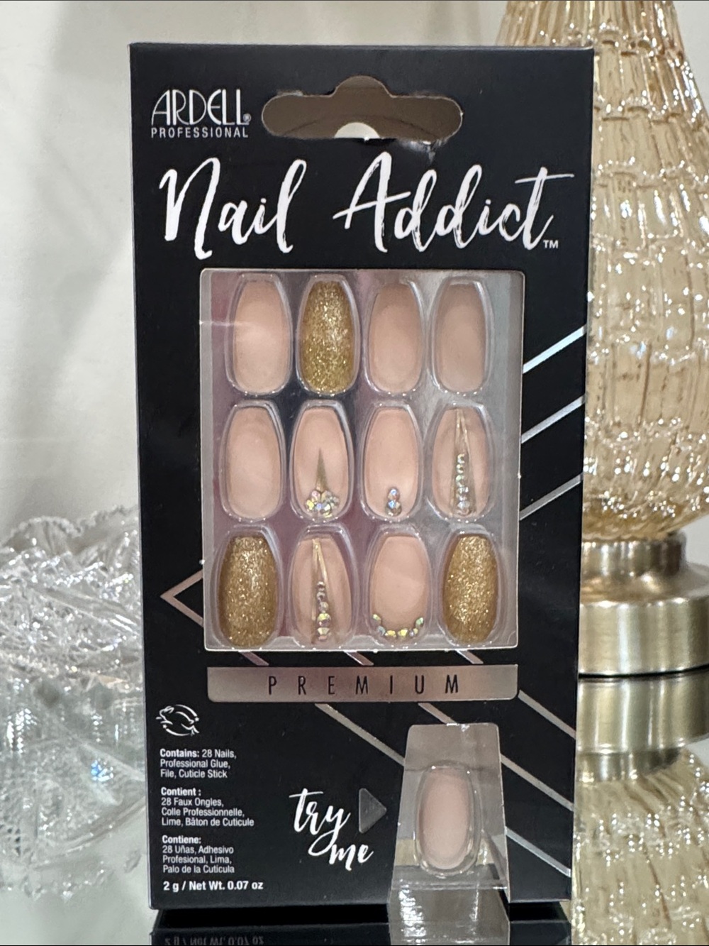 NEW Ardell Professional Nail Addict Premium Press-on Nails Nude Bling Gold